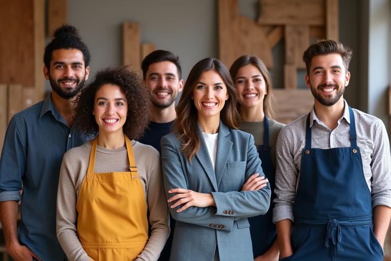 Equipo de diseñadores y artesanos de Muebles y Hogar Sol sonriendo en su taller.