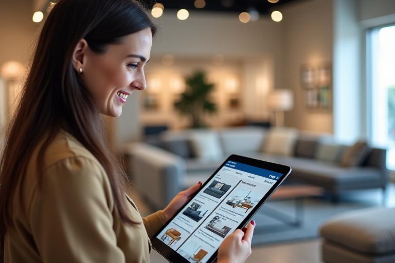 Mujer sonriendo mientras explora opciones de mobiliario en una tablet con la tienda física de fondo.