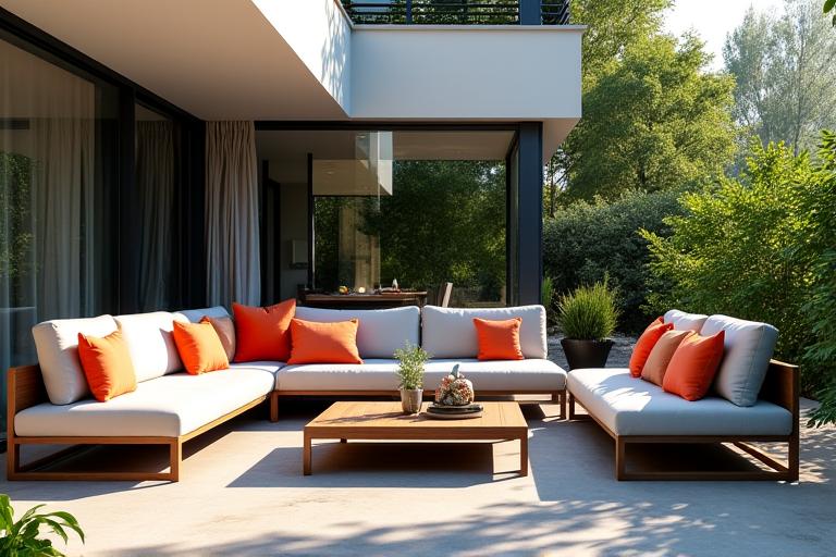 Terraza moderna con muebles de exterior de diseño, cojines cómodos y una mesa de centro.